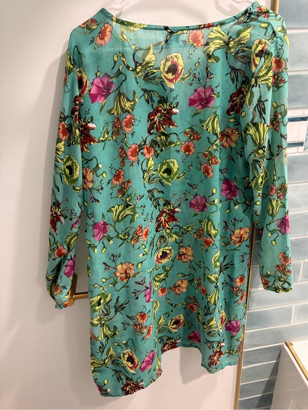Raj Teal Floral Print Tunic with Pink and Yellow Blooms Size L - Picture 3 of 3